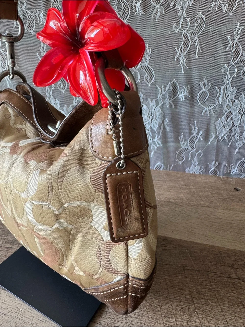 Coach Beige Signature Canvas Shoulder Bag with Brown Trim and Cherry Charm